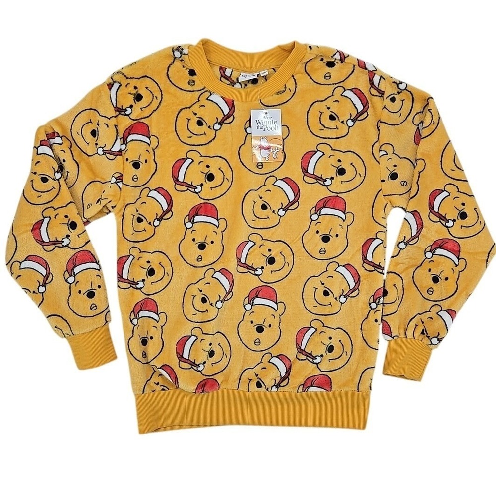 Disney Winnie the Pooh Christmas Sweatshirt SOFT Yellow Fleece Pullover‎ SMALL